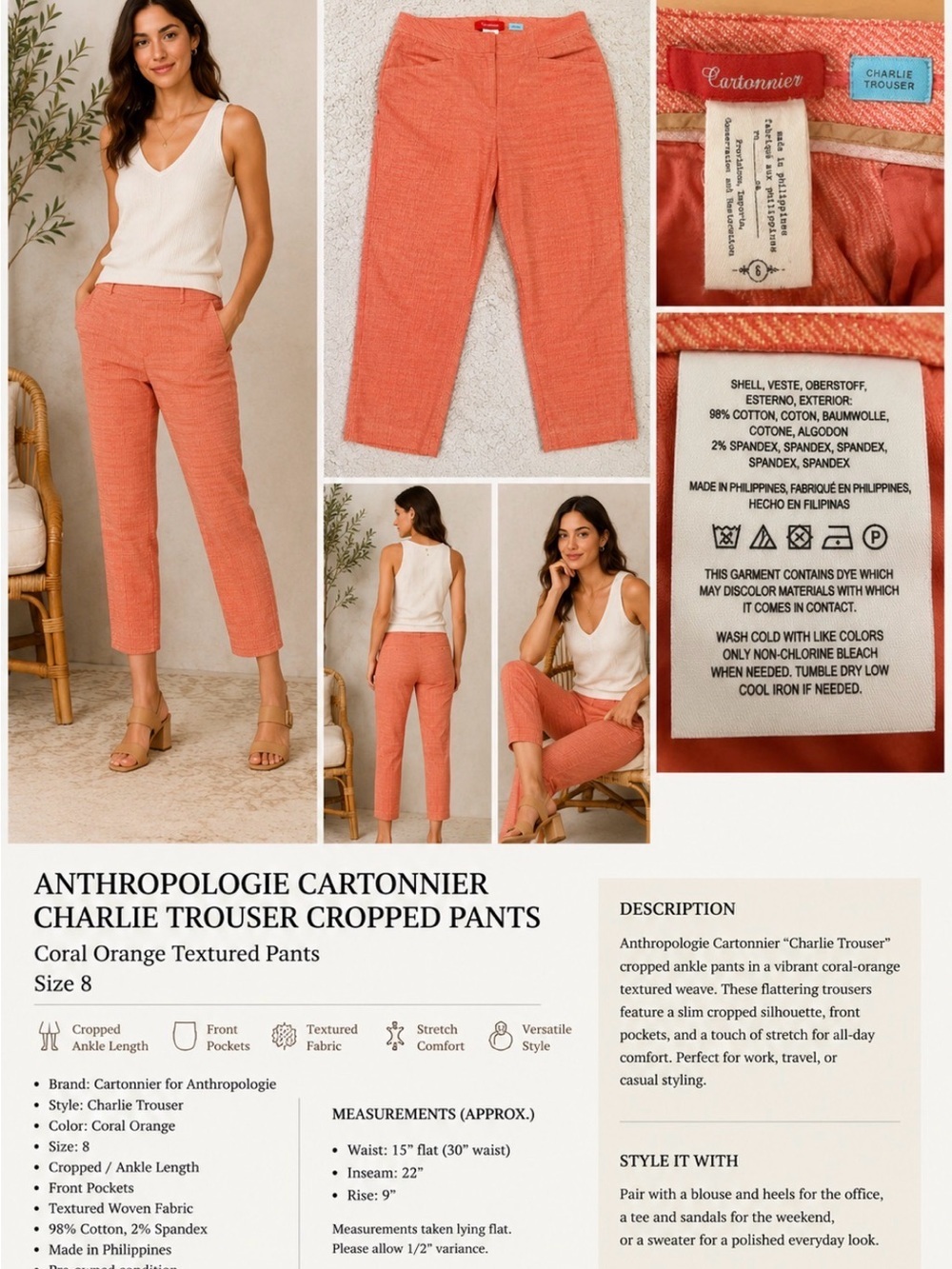 Anthropologie Cartonnier Charlie Trouser Cropped Pants Coral Orange Size 6